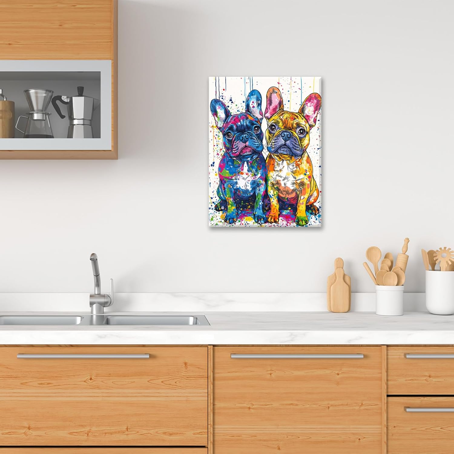 French Bulldog Wall Art, Banksy Frenchie Pictures Wall Decor, Graffiti Dog Canvas Prints Painting, Framed Artwork for Bathroom Living Room Bedroom Office Home Decorations 16"X12"