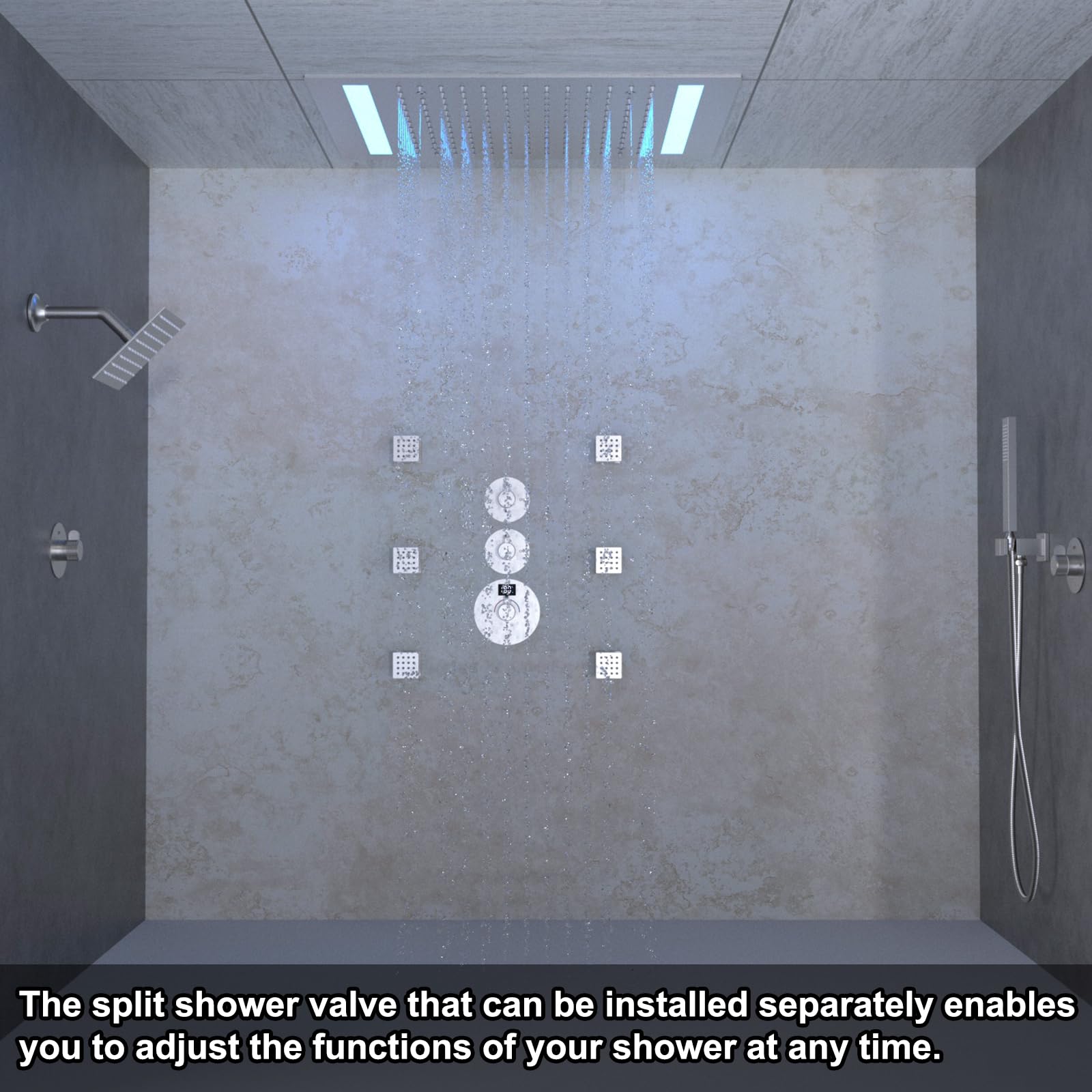 Système de douche à double tête de 35,6 x 50,8 cm à 4 fonctions avec jets de corps, pommeau de douche de 15,2 cm et 6 jets de corps, 4 fonctions, robinet de douche séparé avec télécommande (nickel