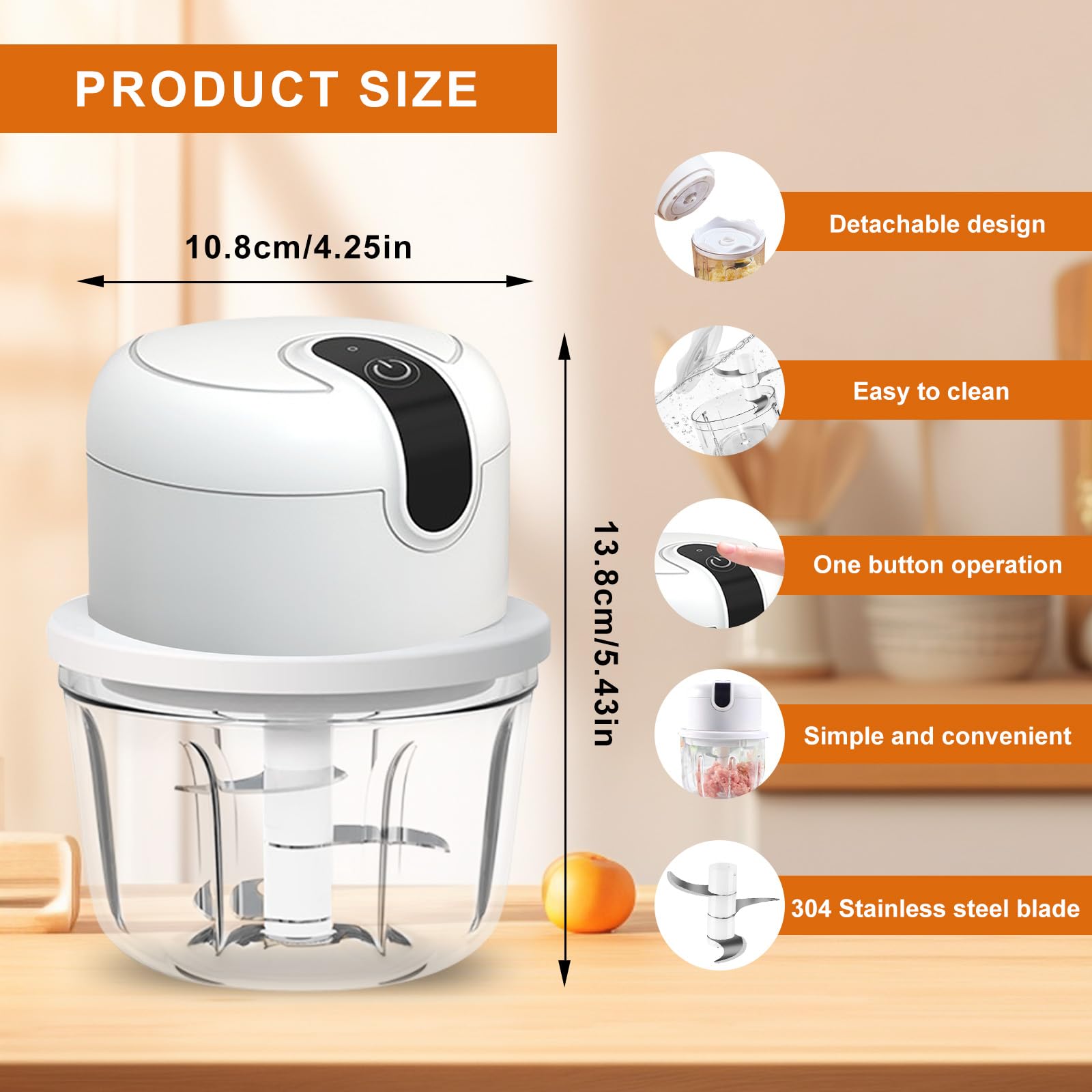 Elektrischer Küchenzerkleinerer, 350 ml Knoblauch Zerkleinerer, USB-Aufladung, Gemüsezerkleinerer, Mini-Küchenmaschine, Elektrisch Klein Zwiebelhacker für Fleisch, Zwiebeln,Knoblauch