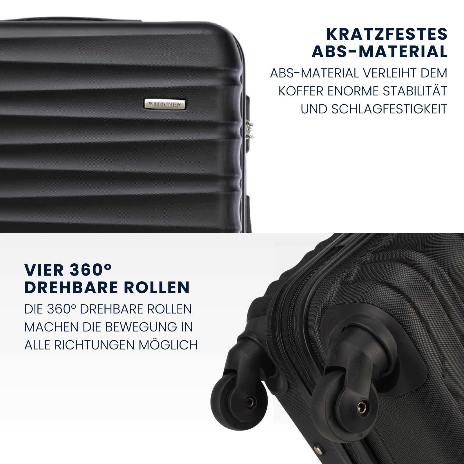 WITTCHEN Reisekoffer Hartschale ABS Große L Check-In Gepäck 4 Spinner-Rollen Zahlenschloss Groove Line Schwarz