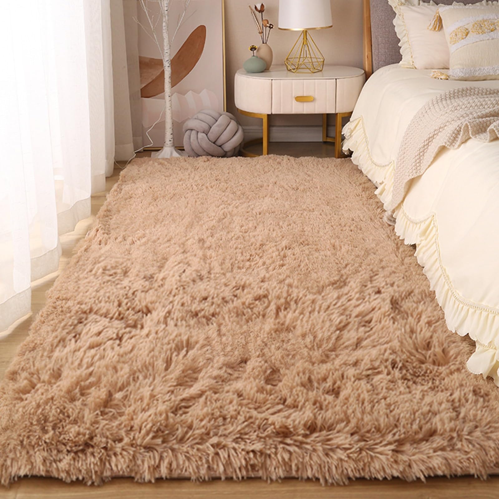Tapis de chambre lavable et antidérapant grand format beige shaggy à poils doux pour salon
