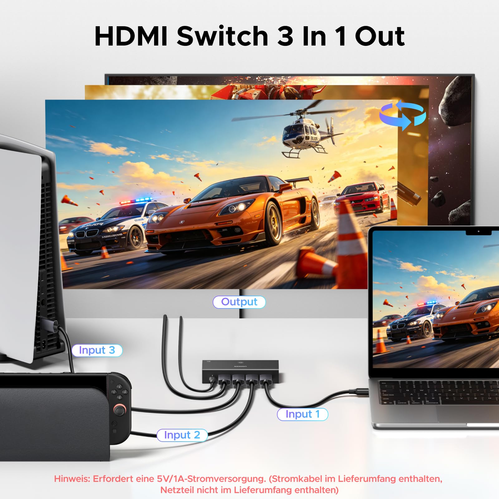 UGREEN 8K@60Hz HDMI 2.1 Switch 3 In 1 Out 4K240Hz/120Hz mit Fernbedienung | HDR10+/CEC/HDCP 2.3 HDMI Umschalter Kompatibel mit PC/Laptop/PC5/PS5/Switch/Xbox/DVD usw.
