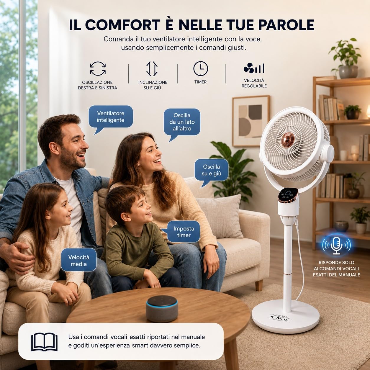 TANIASHOP Ventilatore a Piantana intelligente con Comando Vocale Controllo Touch e Telecomando 6 Velocità 50W Oscillazione Destra Sinistra e Su Giù con Timer Ventola Silenziosa Altezza 112cm