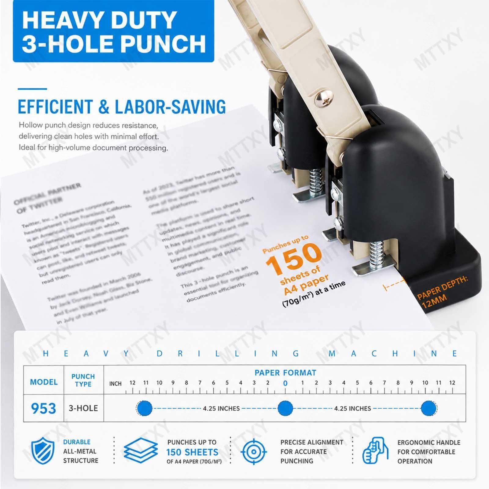 Perforatore Professionale 150 Fogli, Perforatrice 2 Fori 3 Fori 4 Fori in Metallo, Alta Capacità con Punzoni Sostituibili per Ufficio Archivio Documenti,3-Hole