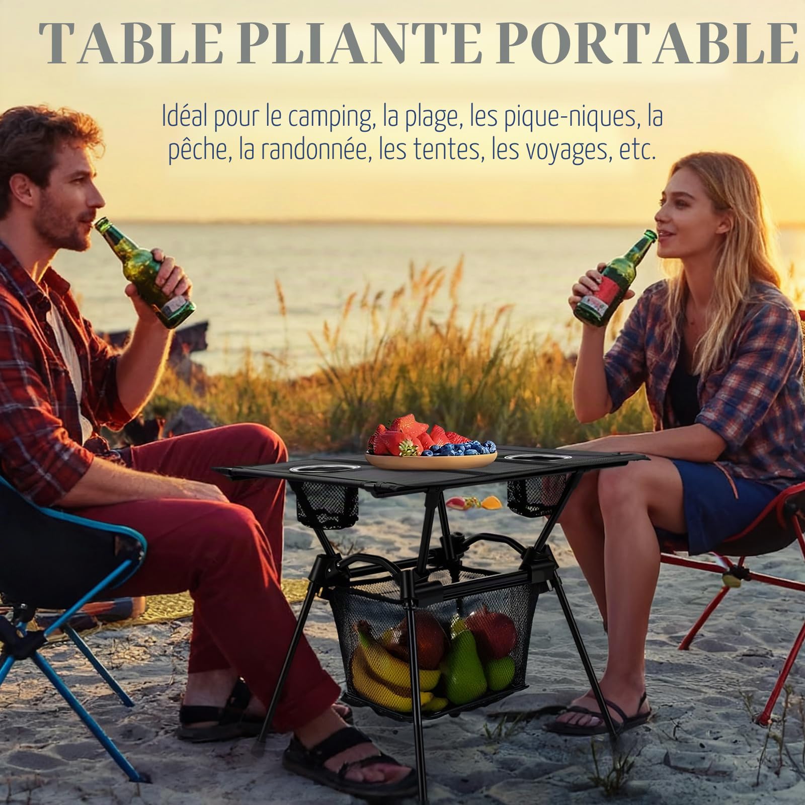 GARLLEN Table de Camping Pliante 59 x 43 x 51cm,avec Rangement Net-Noir