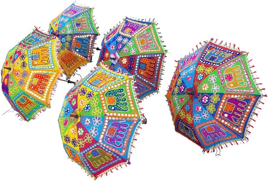 Indian Handmade Elephant Embroidered Designer Cotton Fashion Multi Colored Umbrella Embroidery Boho Umbrellas Parasol 5 Pcs Lot Navratri, Wedding, Event Party Decoration Items