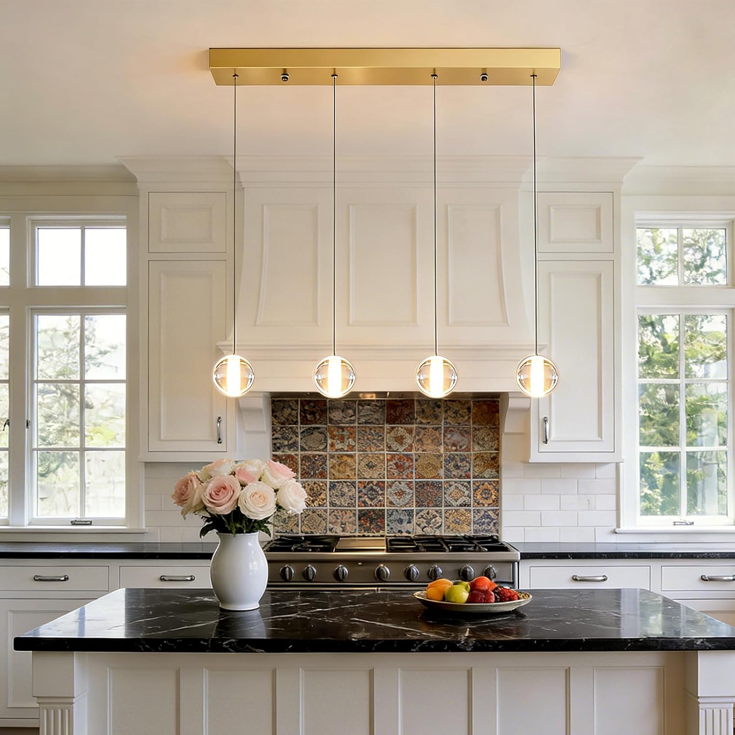 Brushed Gold 4 Lights Pendant Lights Kitchen Island Modern, Crystal Globe Hanging Dining Room Lights Over Table, Rectangular Chandeliers Over Sink for Living Room Hallway Bedroom