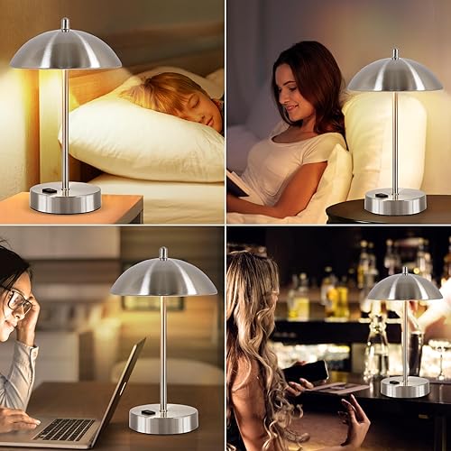 Miniatura 6 de Moderna lámpara de escritorio con adaptador de CA, lámpara de lectura táctil regulable de 3 vías, lámpara de mesa pequeña plateada minimalista con