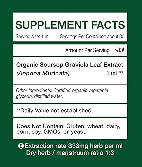 Organic Soursop Graviola Leaf Extract Liquid Drops | Soursop Bitters Liquid | High Absorption, Enhanced Bioavailability | Vegan, Non-GMO, Gluten Free | Immune Support | 1 Fl Oz