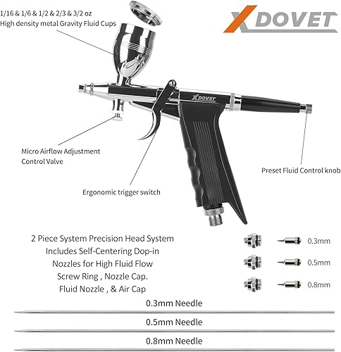 Miniatura 2 de XDOVET Kit de aerógrafo con gatillo de doble acción, juego de pintura de cepillo de aire con agujas de 0.012 in/0.020 in/0.031 in, taza de pintura