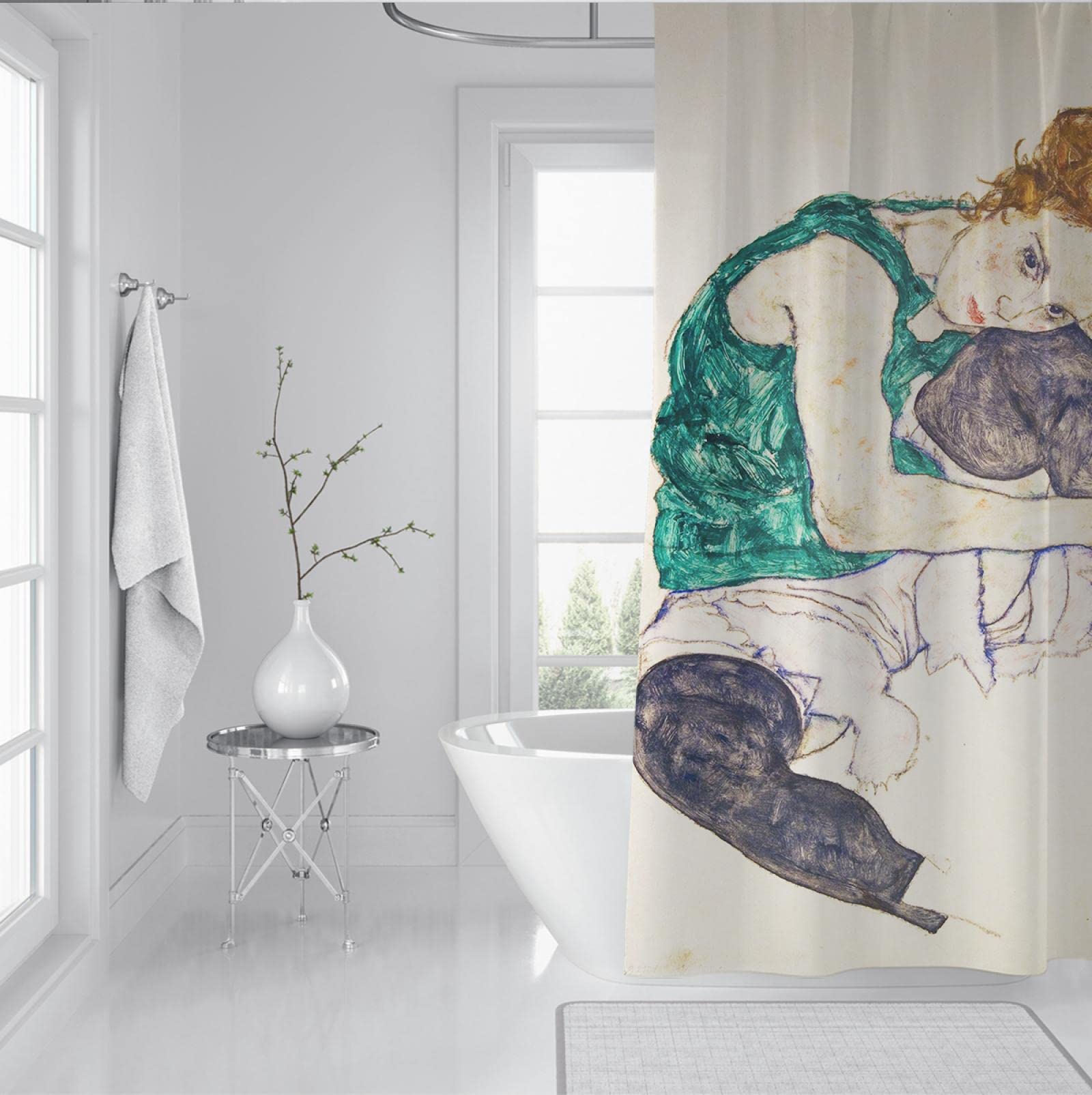 Rideau de Douche Beige doublure Vert et or Polyester Tissu Rideau de Douche ensembles Avec crochets La Femme assise Avec genou plié par Egon Schiele 180Bx220Lcm