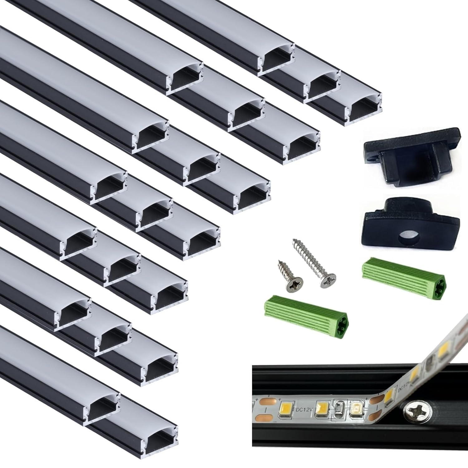 20-Pack 3.28FT Pre-Drilled Countersunk Hole LED Strip U Channel Diffuser, Matte Black Flush Mounted Under Cabinet Tape Light Aluminum Low Profile with Milky Cover (20, 3.28FT) 20 3.28FT