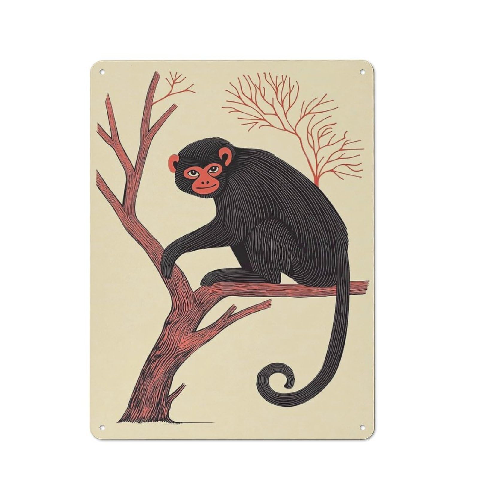 Junmoney Style-20 Tin Wall Plaque 40X30cm With Black Monkey On Branch For Hobby Room Or Studio, For Themed Interiors In Hobby Rooms And Studios