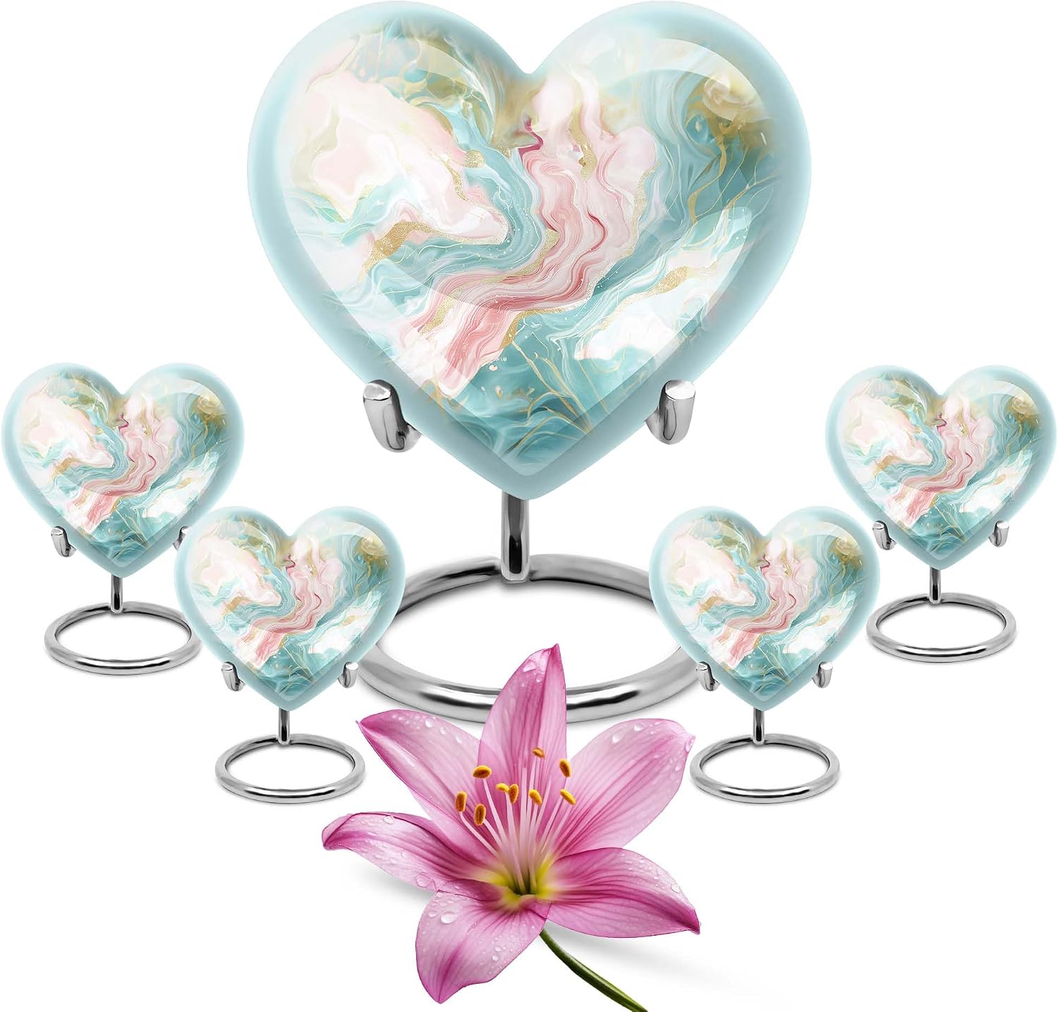 Swirl Urn, Heart Urns For Ashes, Pack Of 5 (10 Inch Urn With 3 Inch Urn Set Of 4)- Cremation Urns for Human Ashes - Small Urns for Human Ashes - Pet Urns for Dogs Ashes - Urn for Ashes for Women