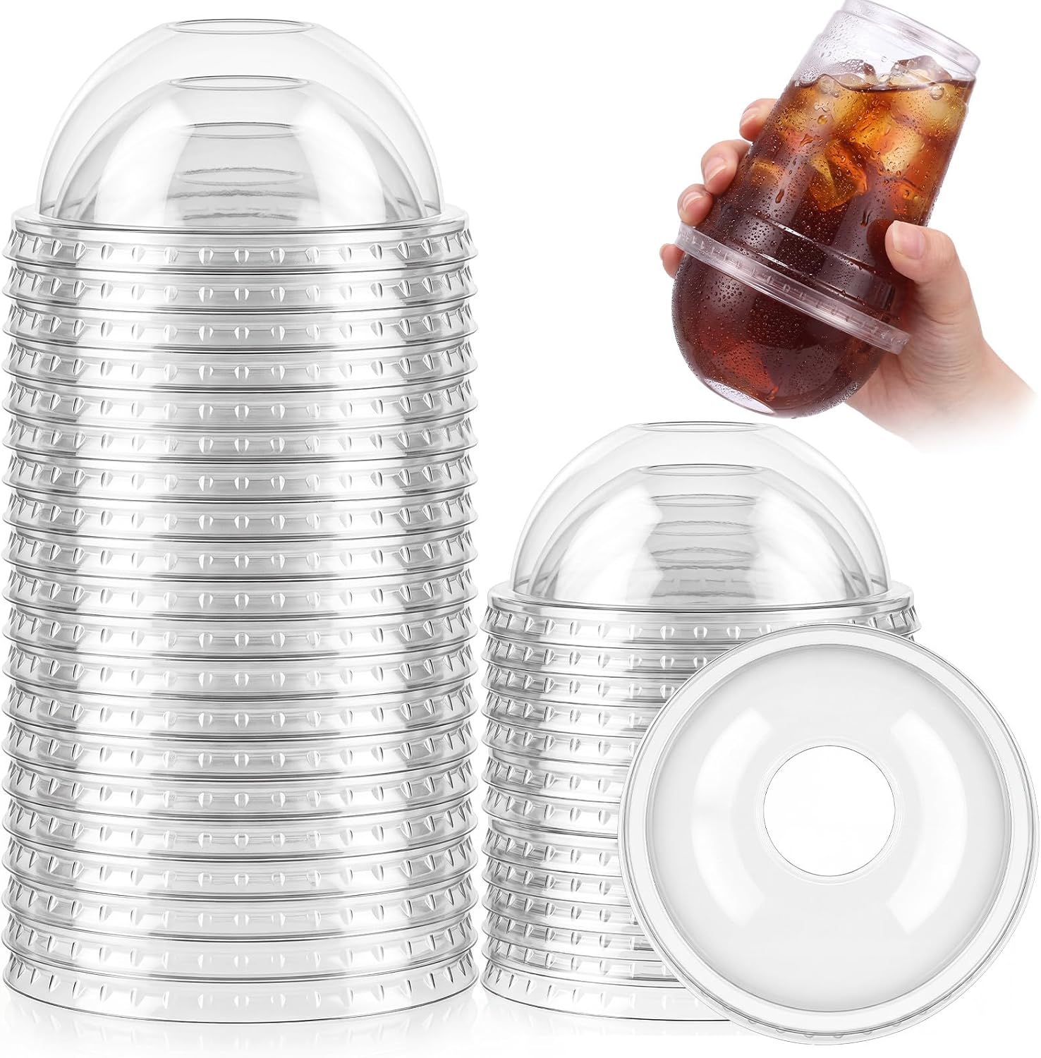 Hushee 50 pcs Clear dome Plastic Lids No Hole 98 mm Clear Disposable Lids Bulk for 8, 10, 12 oz Milkshake Cups for Ice Cream, Yogurt, Pudding, Cake, Fruit, Leak Resistant & Stackable