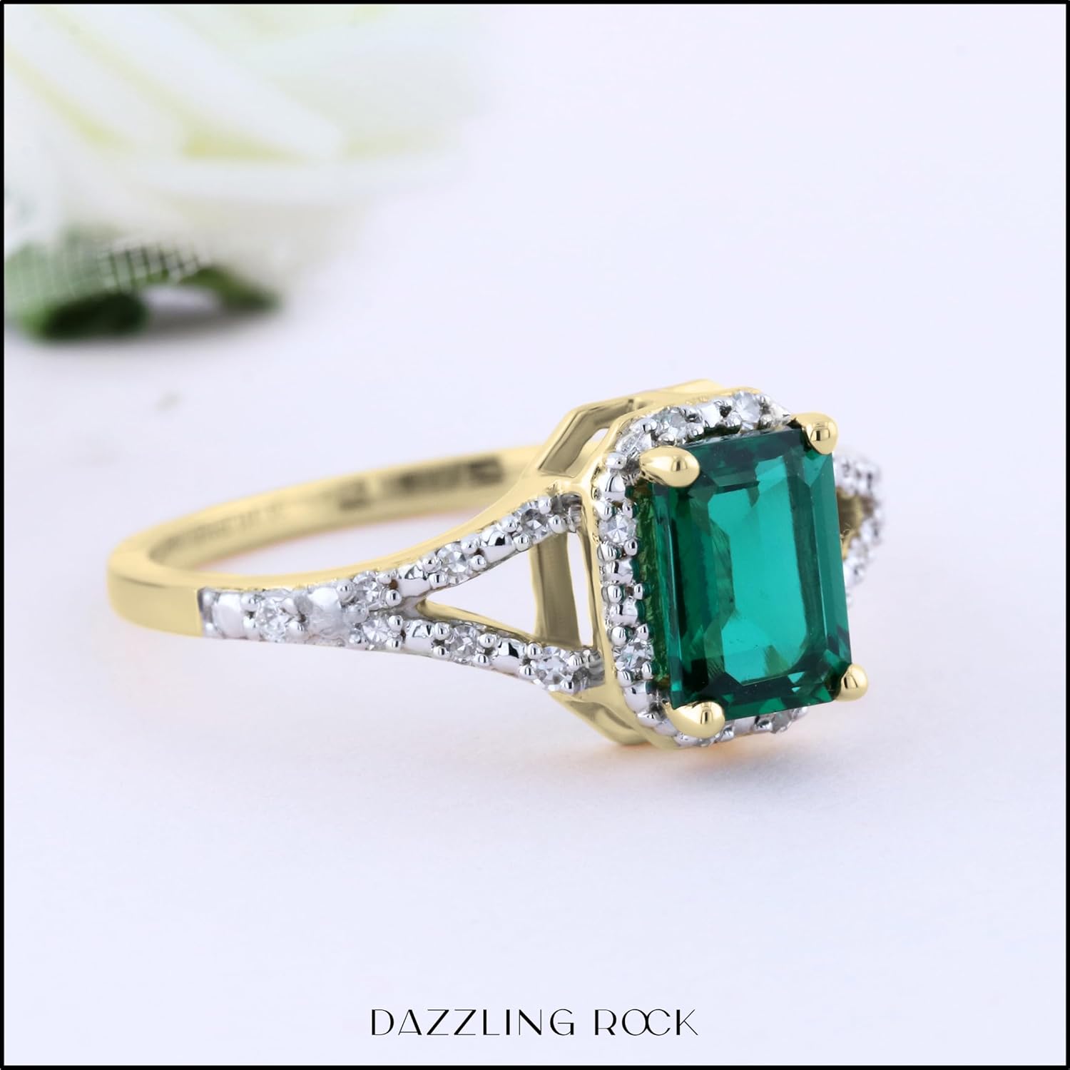 Dazzlingrock Collection 7x5mm Emerald Cut Lab Created Emerald & Round White Natural Diamond Halo Split Shank Engagement Ring for Women in Real Solid Gold
