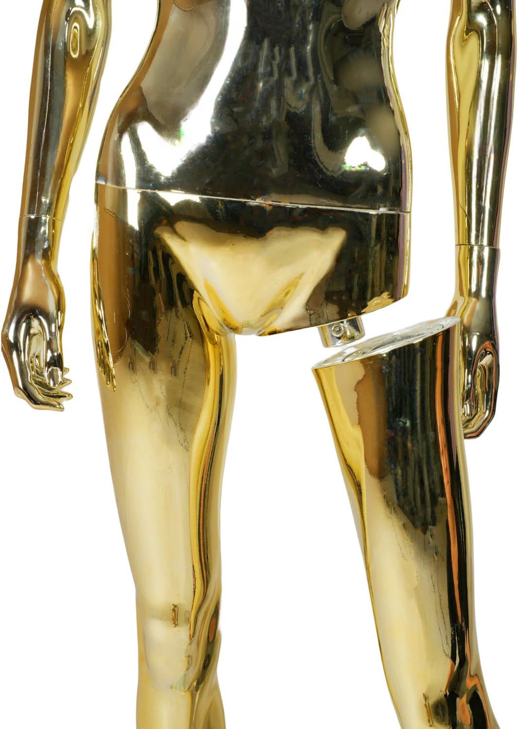 Female Full Body Dress Form Mannequin with Head & Straight Arms – 68" Tall – Gold – Plastic Torso with Detachable Parts & Metal Base Stand