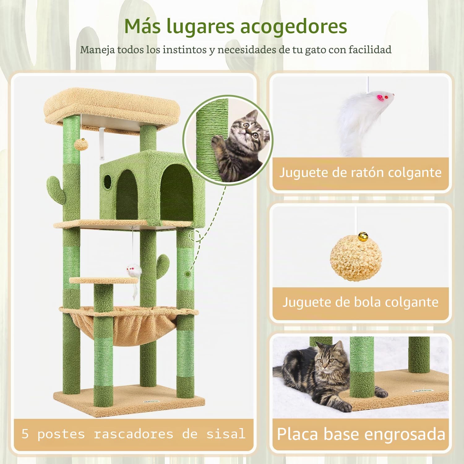 Globlazer Rascador para Gatos Verde Cactus Interior 137 cm con inmenso Hamaca 45 * 40cm, Grande Nidos, Plataformas Acolchada, Estable Árbol Rascador para Gatos Fácil de Montar (F53, Verde Cactus)