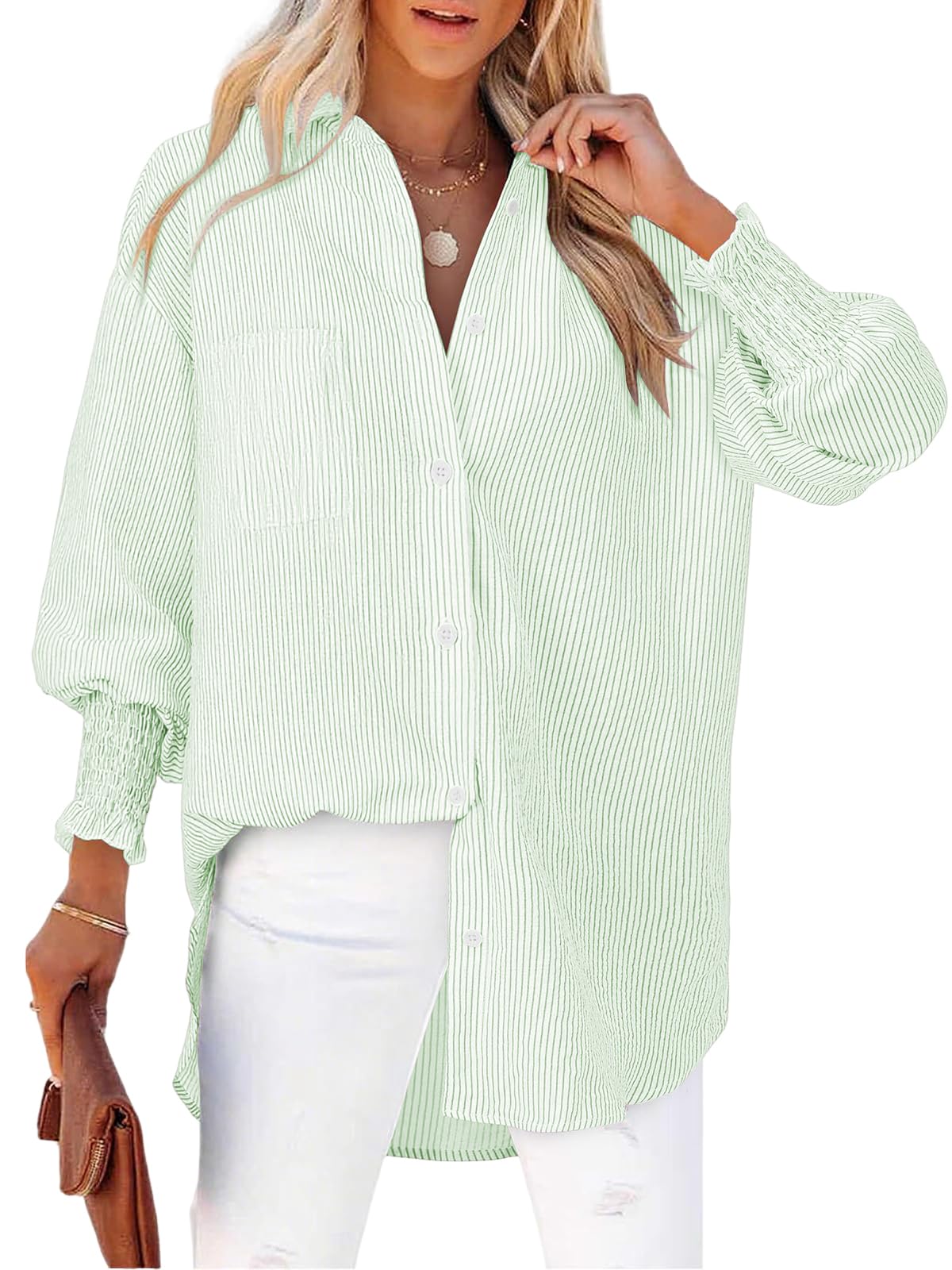Cuptacc Bluse Damen Elegant V Ausschnitt Langarm Knöpfen Blusen Damen Gestreifte Brusttasche Oberteile