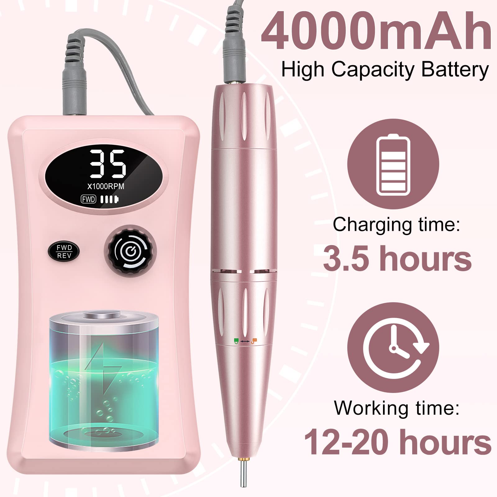 Ponceuse pour Ongles Professionnelle Electrique, 35000 RPM Portable Rechargeable Lime à Ongle avec 11 Embouts et Affichage LCD, Vitesse Réglable Puissante pour Manucure et Pédicure (Rose)
