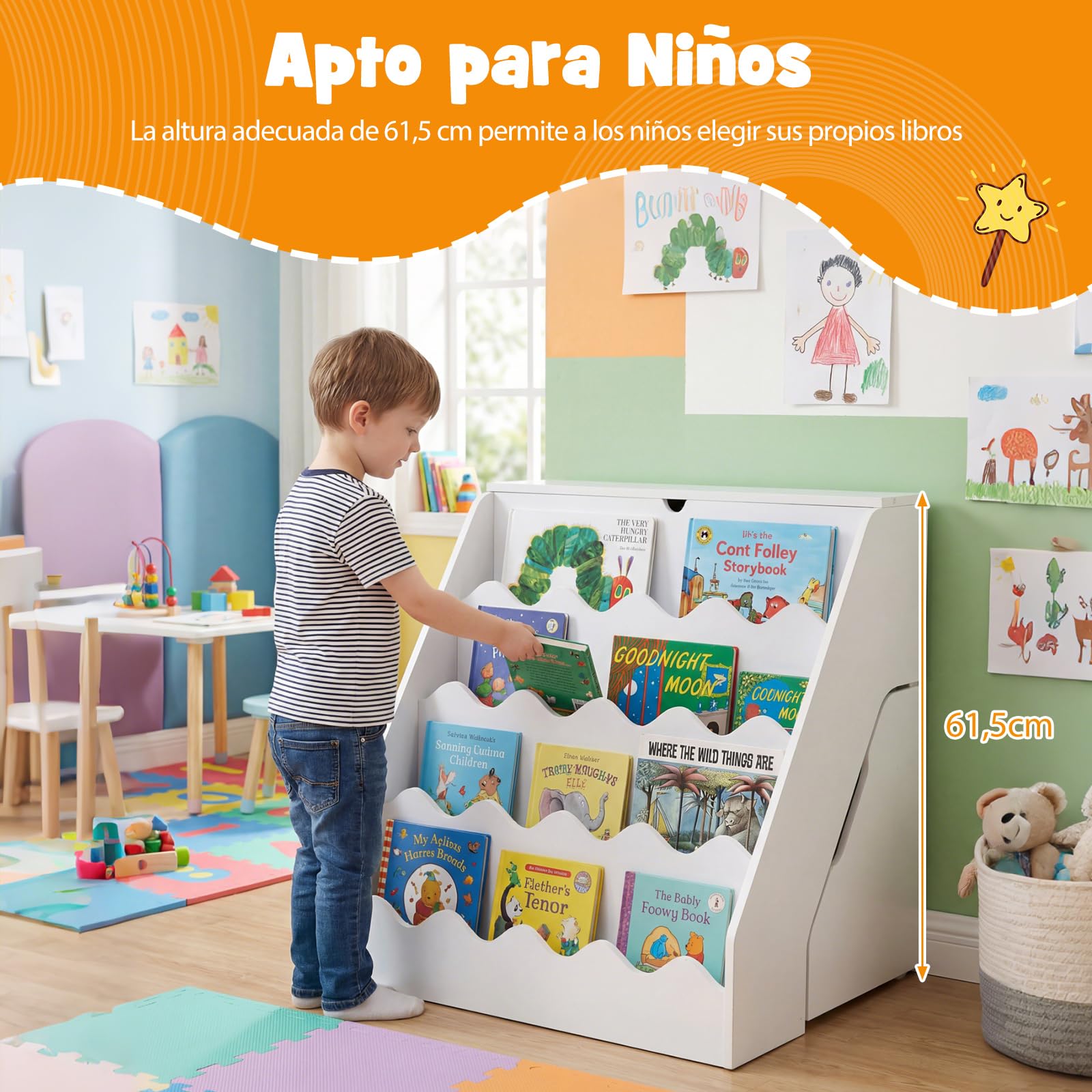 COSTWAY Librería Infantil de 4 Niveles, Organizador de Juguetes con Estantes Abiertos, Cajón Rodante Extraíble, Caja con Tapa Abatible, Estantería Madera para Niños Sala de Juegos Guardería (Blanco)