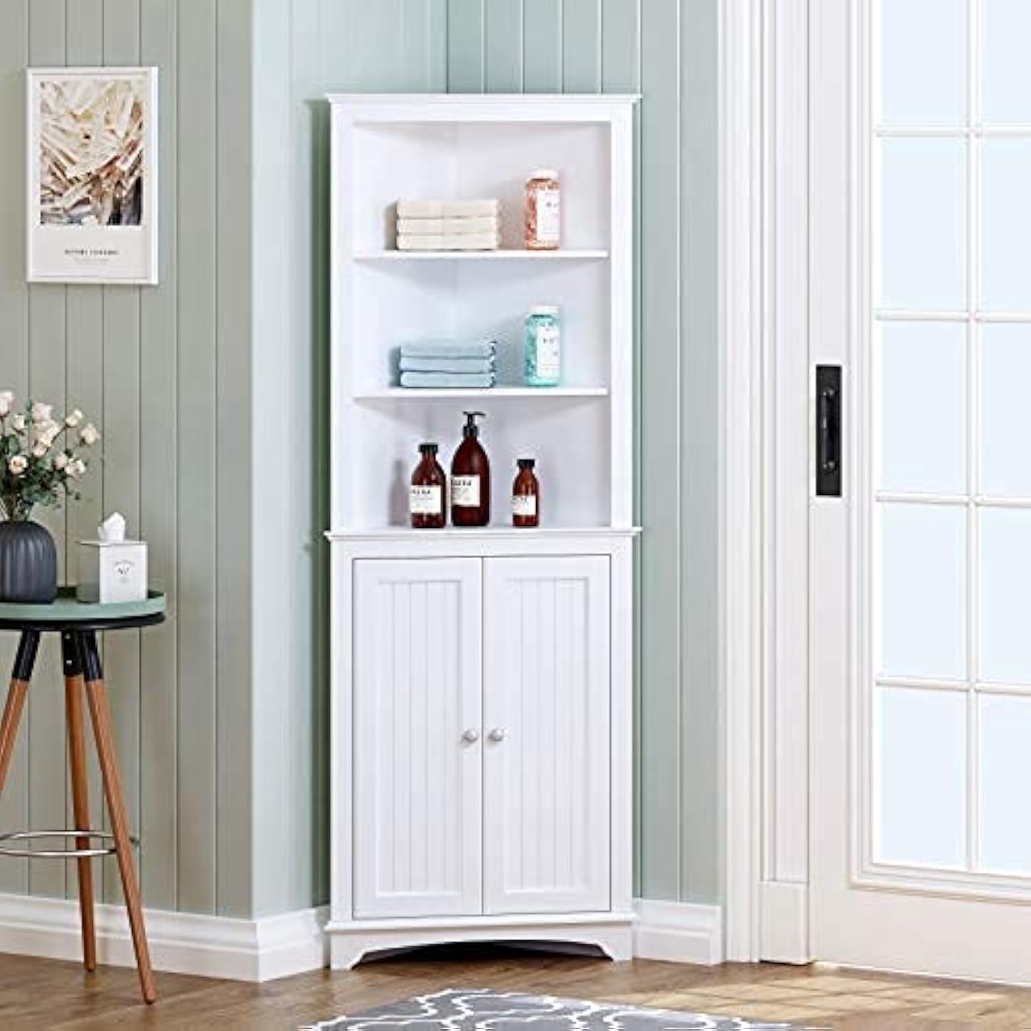 Home Tall Corner Cabinet with 2 Doors and 3 Tier Shelves Free Standing Corner (White)