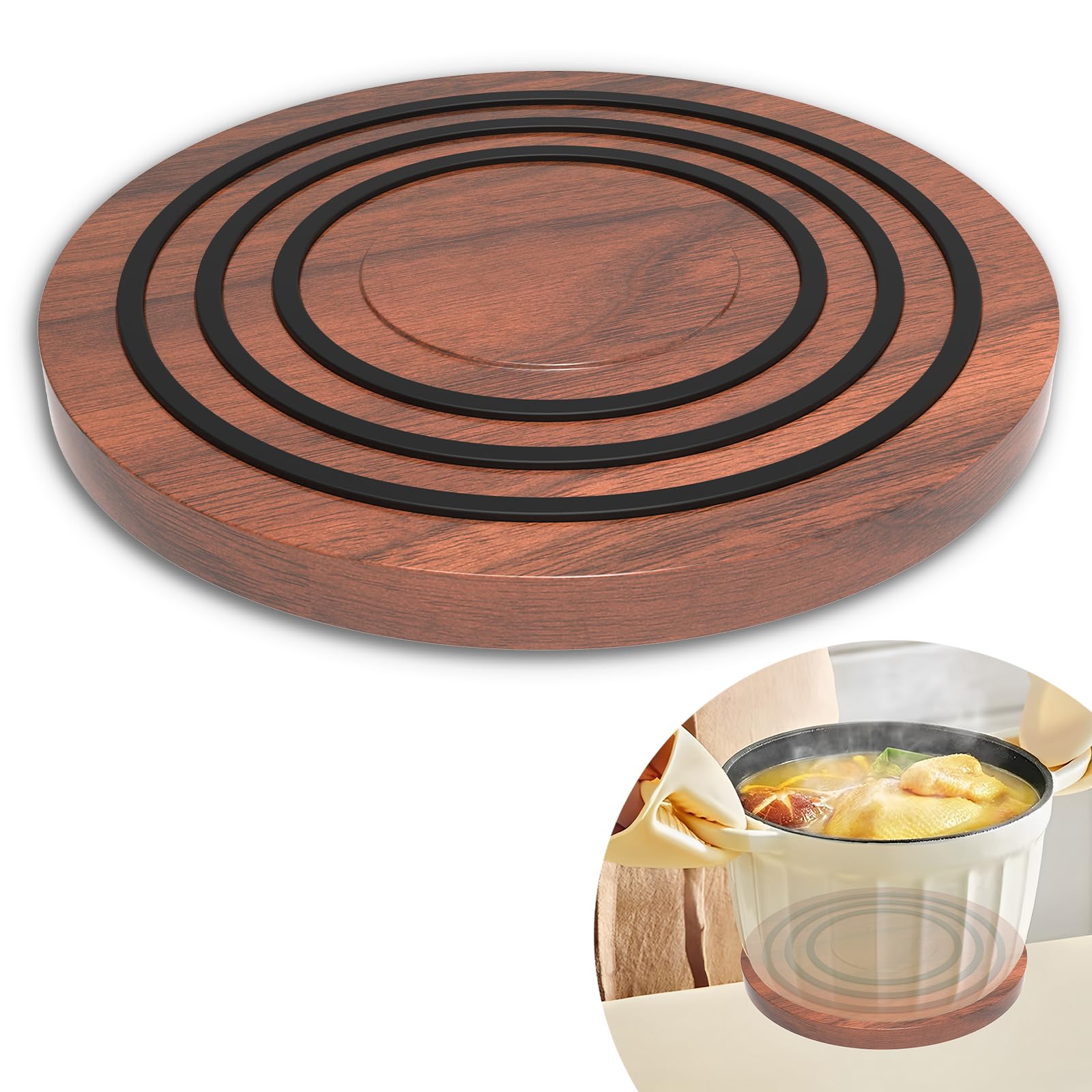 Brvclon Magnetic Wooden Trivet for Le Creuset Dutch Oven,with Silicone Non-Slip Rings and Unique Natural Texture,Suitable for Stainless Steel Pots,Pans,Dutch ovens with a Magnetic Metal Bottom Layer