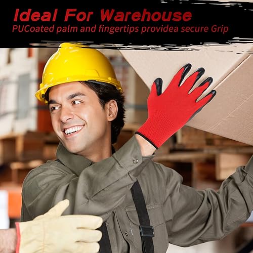 Miniatura 4 de 36 pares de guantes de trabajo con revestimiento de nitrilo negro y rojo para hombres, jardinería, construcción, almacén, actividades en interiores