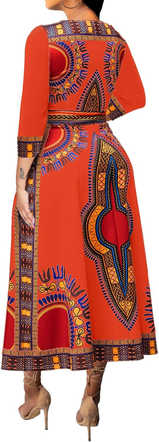 African Dresses for Women Elegant V Neck 3/4 Sleeve Casual Long Maxi African Attire Dress - Image 3