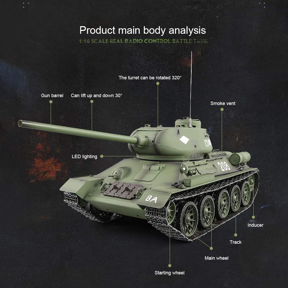 1/16 RC czołg dla dorosłych, 2,4 G, radziecki T-34, średni pilot, model czołgu wojskowego z efektem strzelania dźwiękiem, model pojazdu RC dla entuzjastów wojskowych