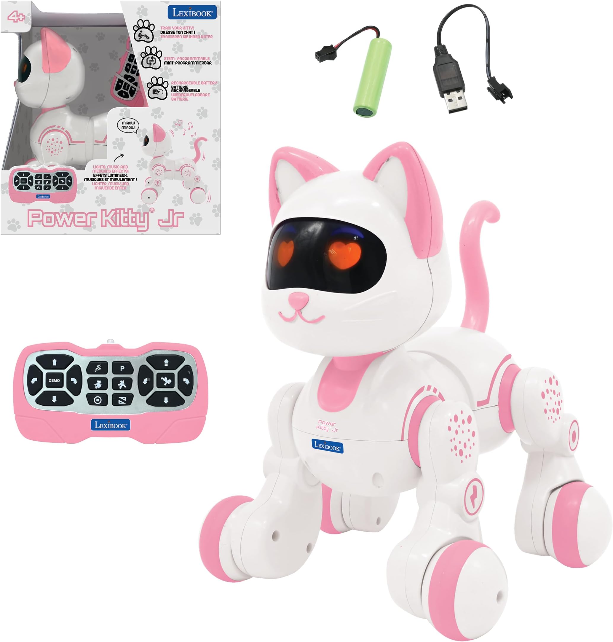 LEXIBOOK, Power Kitty Jr., Remote control cat to train, Waddles like a real cat, Interactive eyes, STEM programmable, Rechargeable battery, Pink/white, KIT01