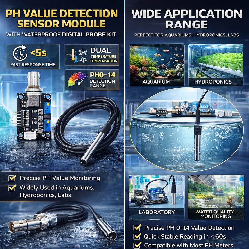 Digital pH Sensor Kit for Aquariums Hydroponics Laboratories | pH Probe with 0-14 Range Digital pH Meter Stick Electrodes Water Testing Monitor