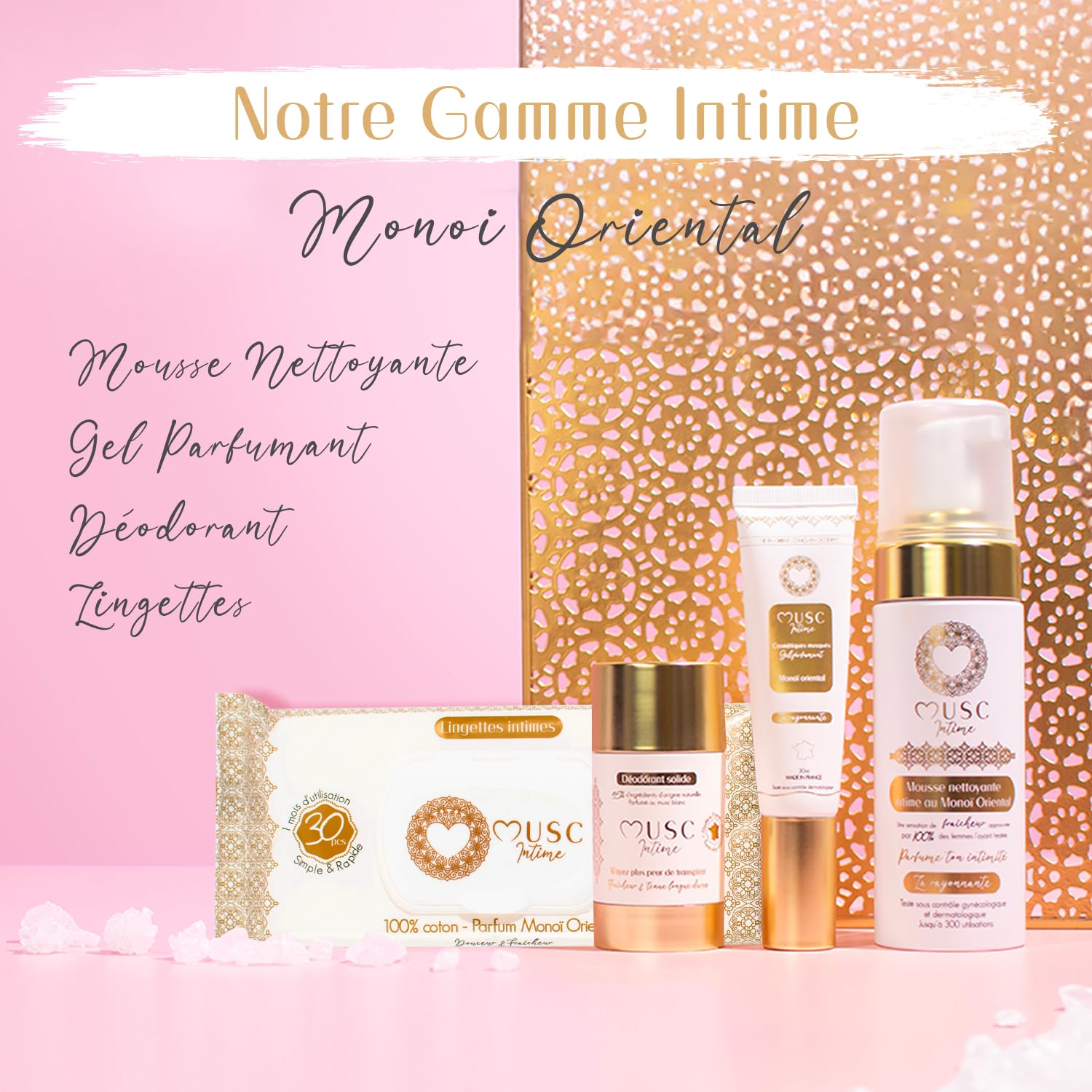 MUSC INTIME La Marque Officielle - Lot de 3+1 offert - Lingettes Intimes - Monoï Oriental - La Rayonnante - Douceur & Fraicheur - 98% Ingrédients Naturels - 4 x 30 unités