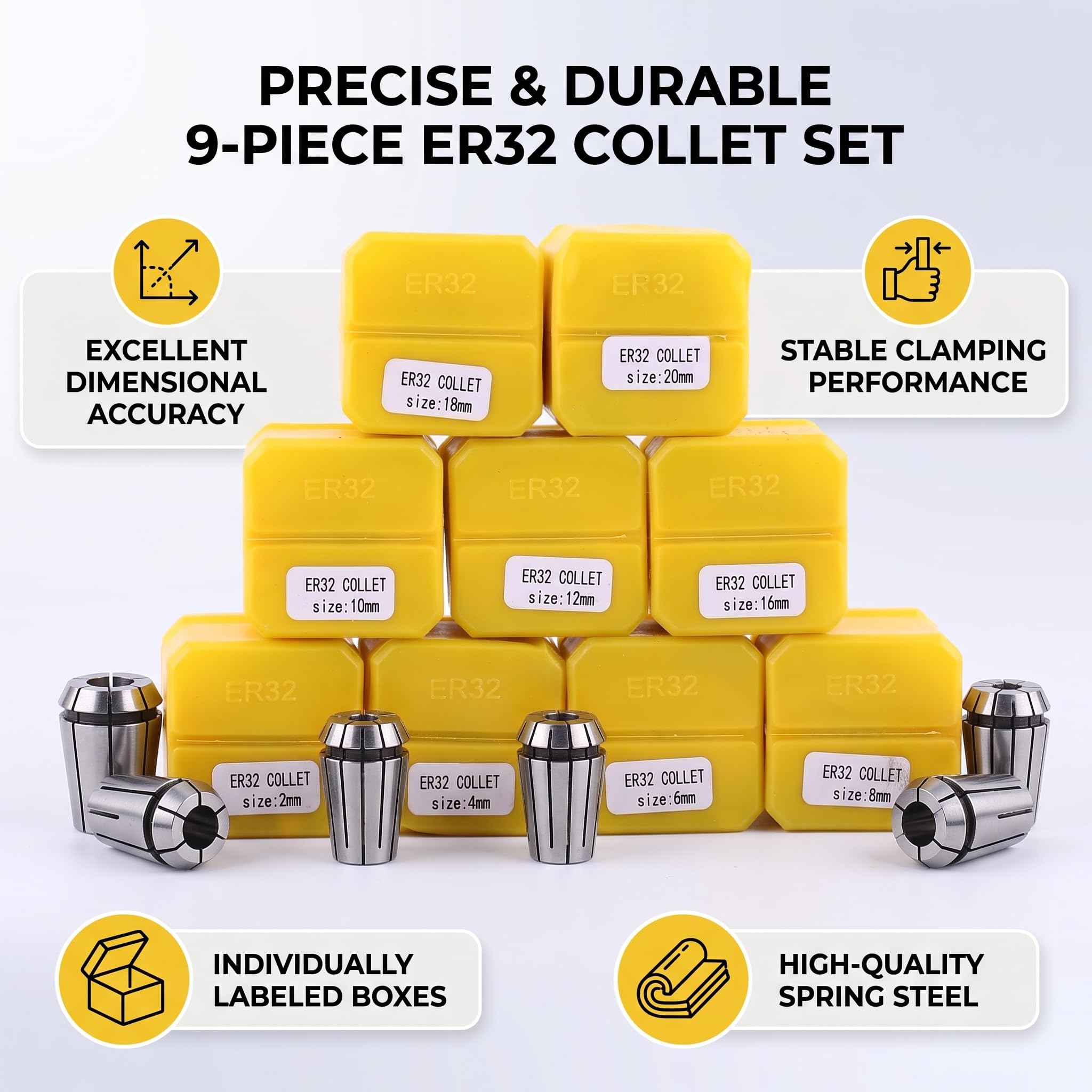 Set di Pinze per Router ER32 9 Pezzi, Portautensili a Molla 2-20 mm, Acciaio 65Mn, Tolleranza <0,008 mm, per Macchine CNC e Torni, Accessori per Fresatura e Incisione Metallo