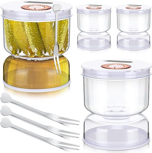 Jinei Paquete de 4 tarros de pepinillos con colador abatible de 38 onzas, contenedor de reloj de arena de oliva con tapas herméticas y tenedores,