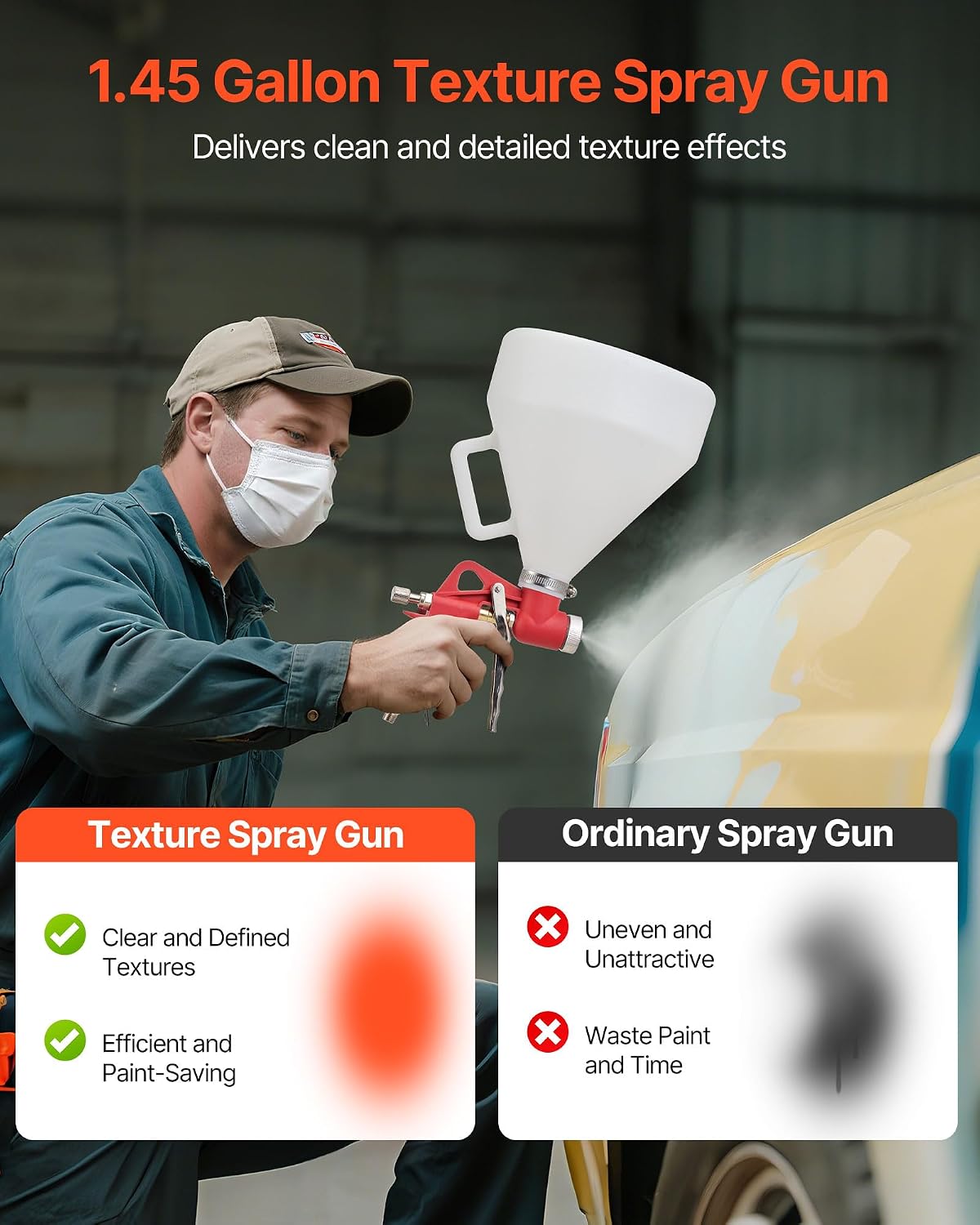 VEVOR Air Texture Spray Gun, 1.45 Gallon Air Hopper Spray Gun, Professional Drywall Texture Painting Sprayer with 3 Nozzles (3.5mm, 6mm, 8mm) for Popcorn, Knockdown, Orange Peel Textures