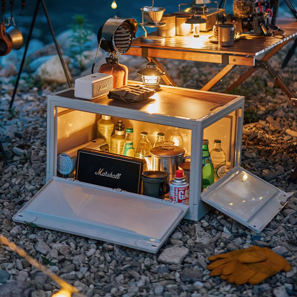 Foldable Camping Storage Box, Portable Camping Storage Box with Wheels, Large Capacity Plastic Lidded Storage Box with Side Doors, Stackable Storage Case Bin with Table Cover for Camping Picnic (1)