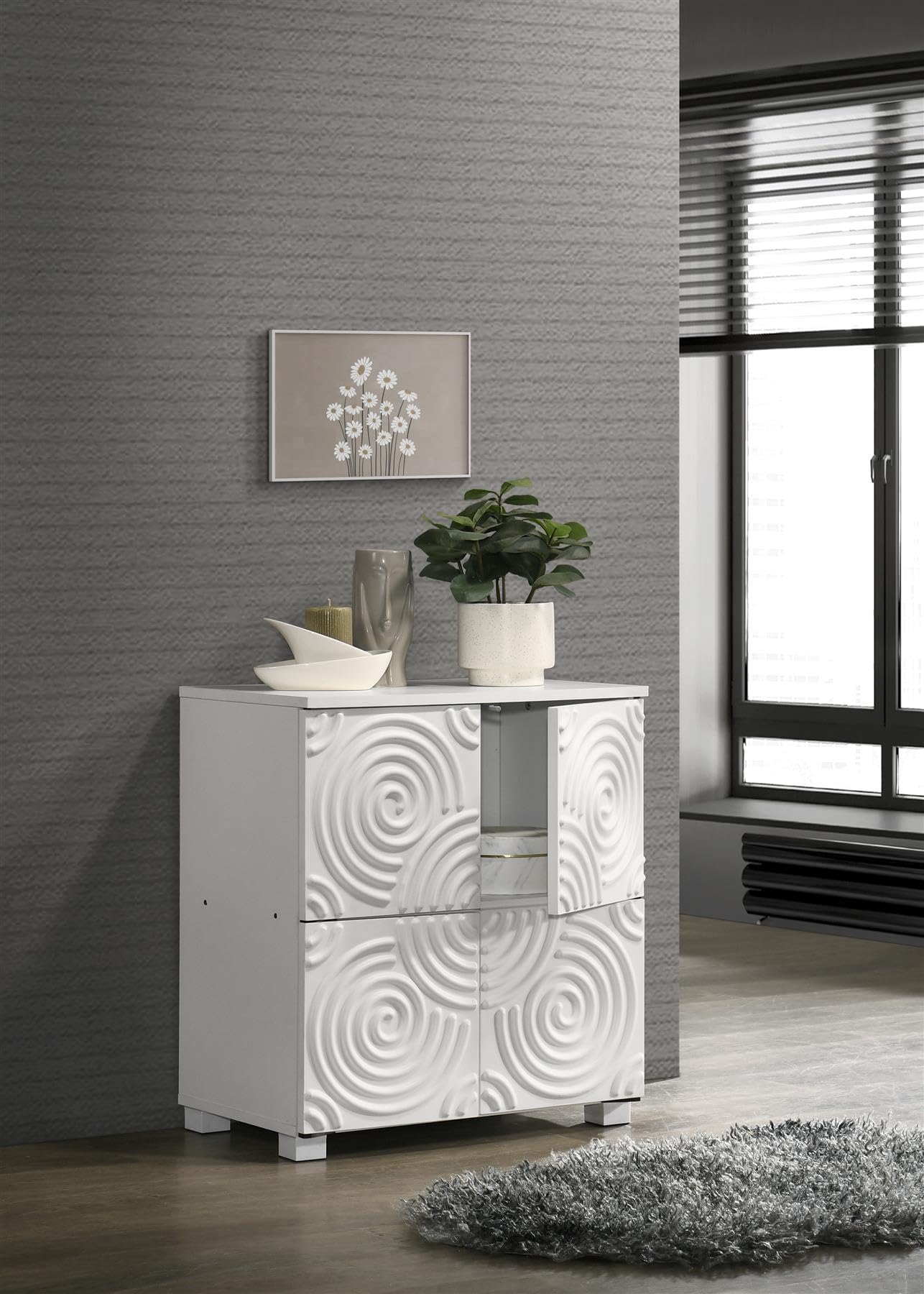 TAD TIMBER ART DESIGN UK Essential Shoe Cabinet 2 Tier Shoe Rack Wooden Storage Unit Swirl Pattern 4 Door Cupboard Modern Furniture for Living Room, Bedroom, White - W60cm x H66.4cm x D35cm
