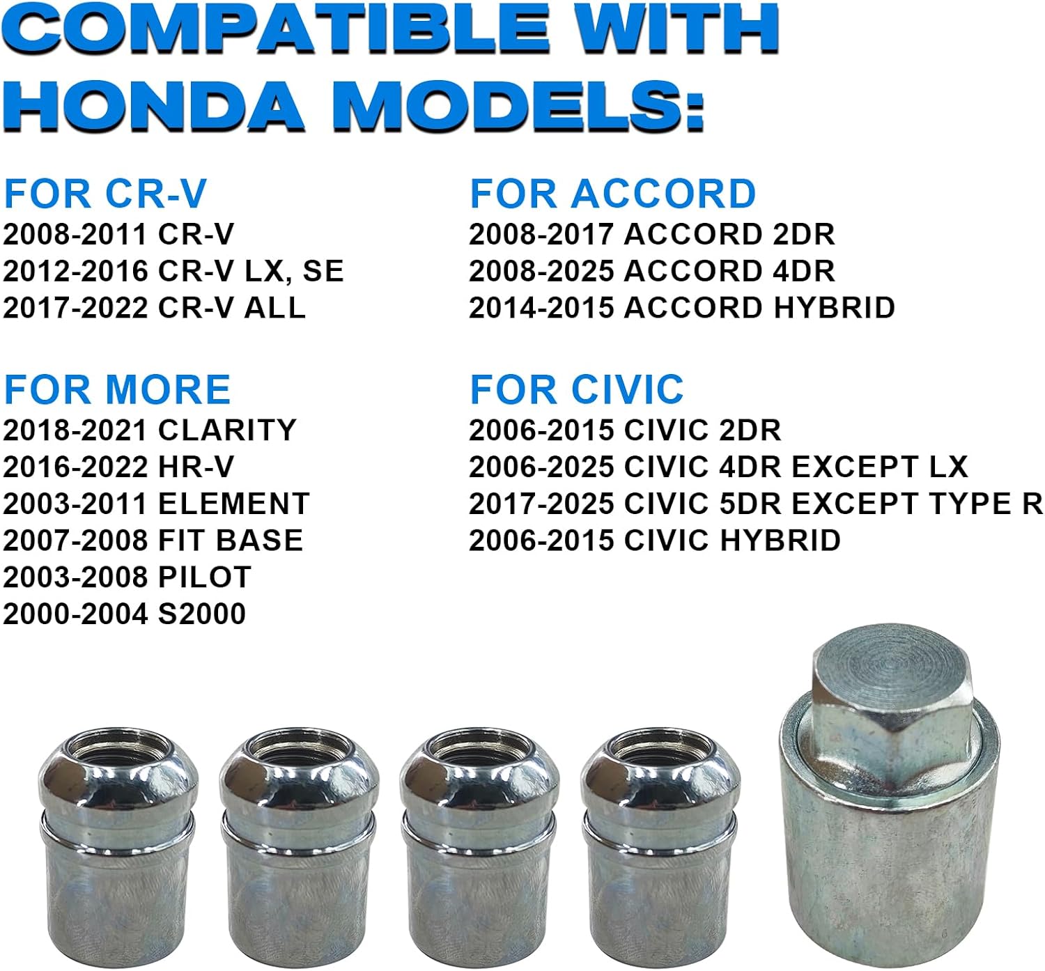 Wheel Lock Lug Nut Set – Anti-Theft, M12x1.5, Chrome Alloy Fits Honda Accord‌ 2008-2025, CR-V 2008-2022, Civic 2006-2025, HR-V 2016-2022 & More – Replaces 08W42-SNA-101