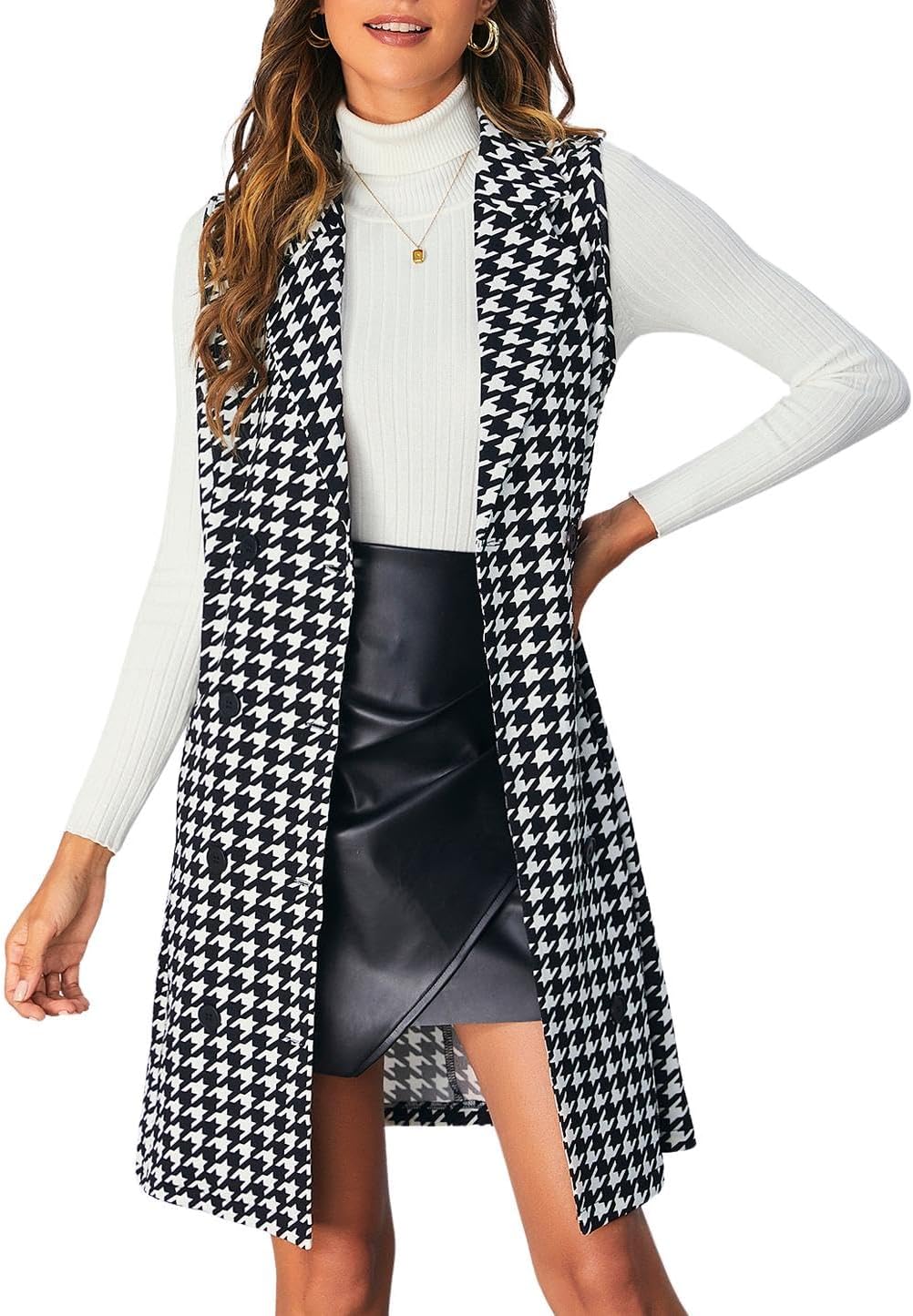 SOLY HUX Women's Plaid Houndstooth Print Blazer Long Vest Top Sleeveless Cardigan Jacket