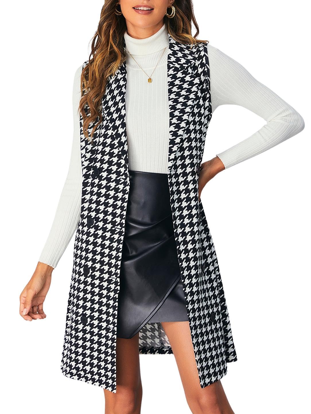 Women's Plaid Houndstooth Print Blazer Long Vest Top Sleeveless Cardigan Jacket-image-26
