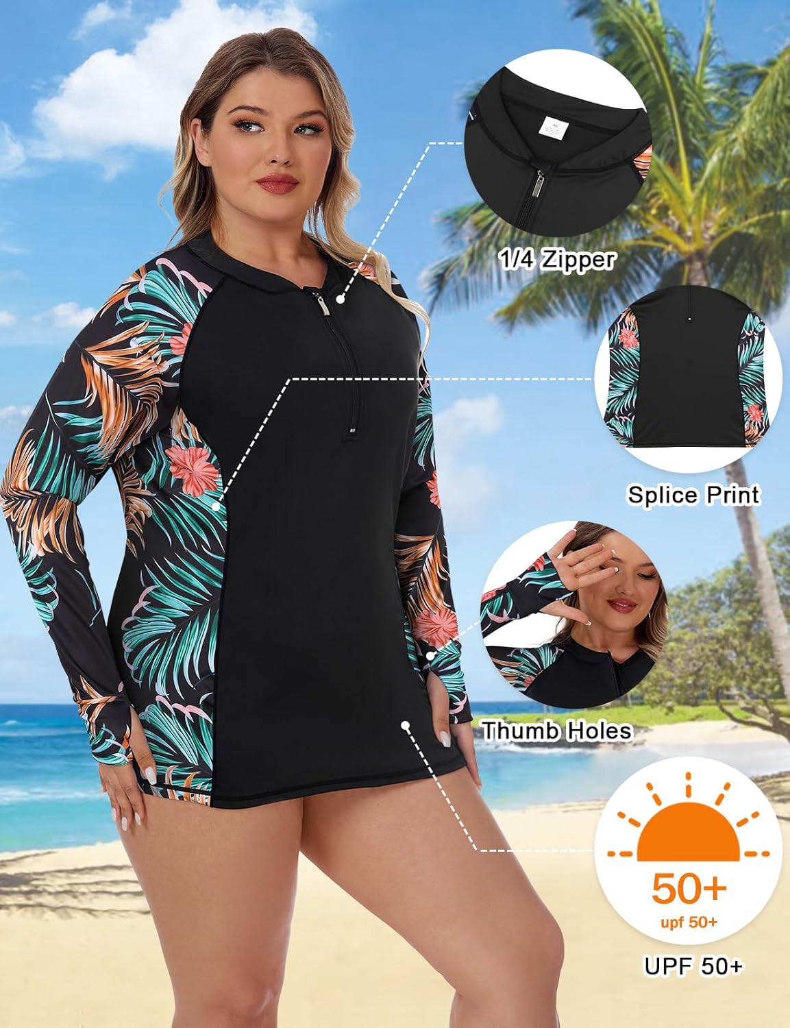 LURANEE Womens Plus Size Long Sleeve Rash Guard Top Zipper Swimsuit Swim Shirt with Thumb Holes