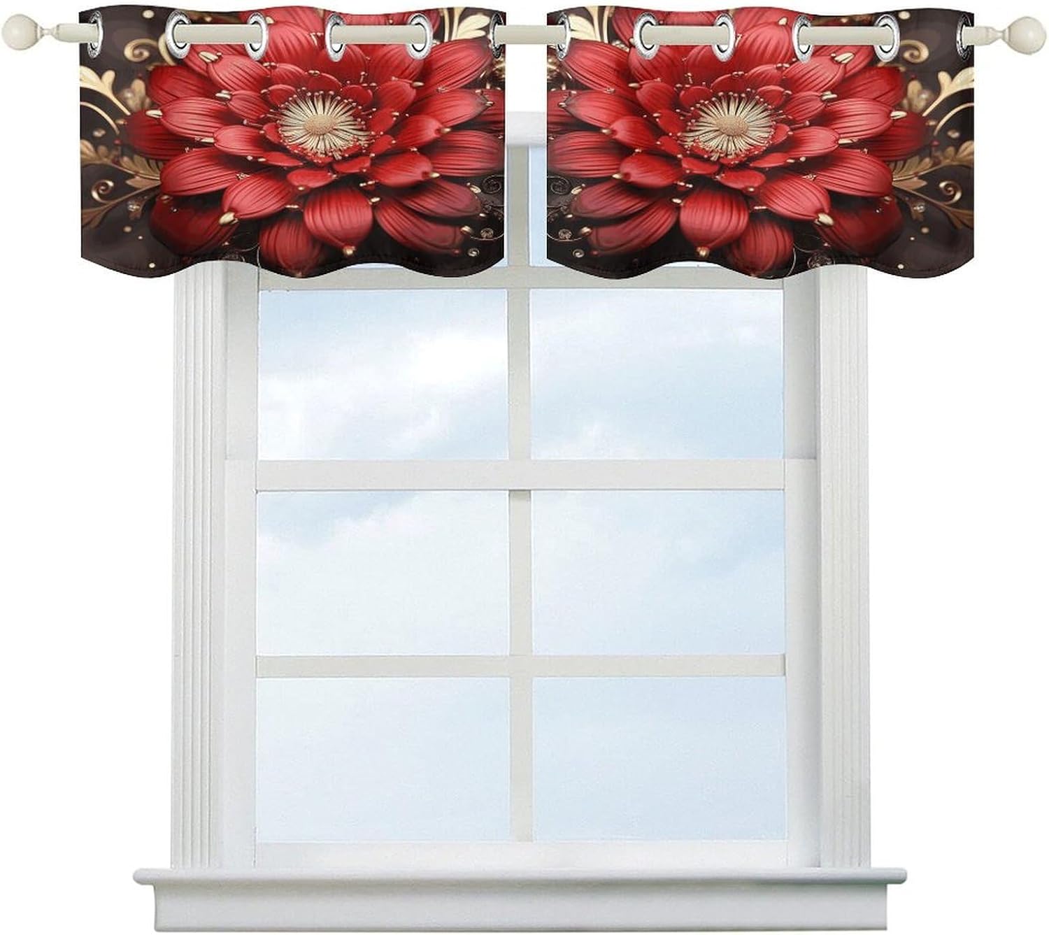 Red Gold Flower 2 Pack Valance Curtains Window Treatments. Adjustable Curtain with Rod Pocket.Cafe Curtains is Half Curtains for Privacy Decorative 52x18.1 Inch.