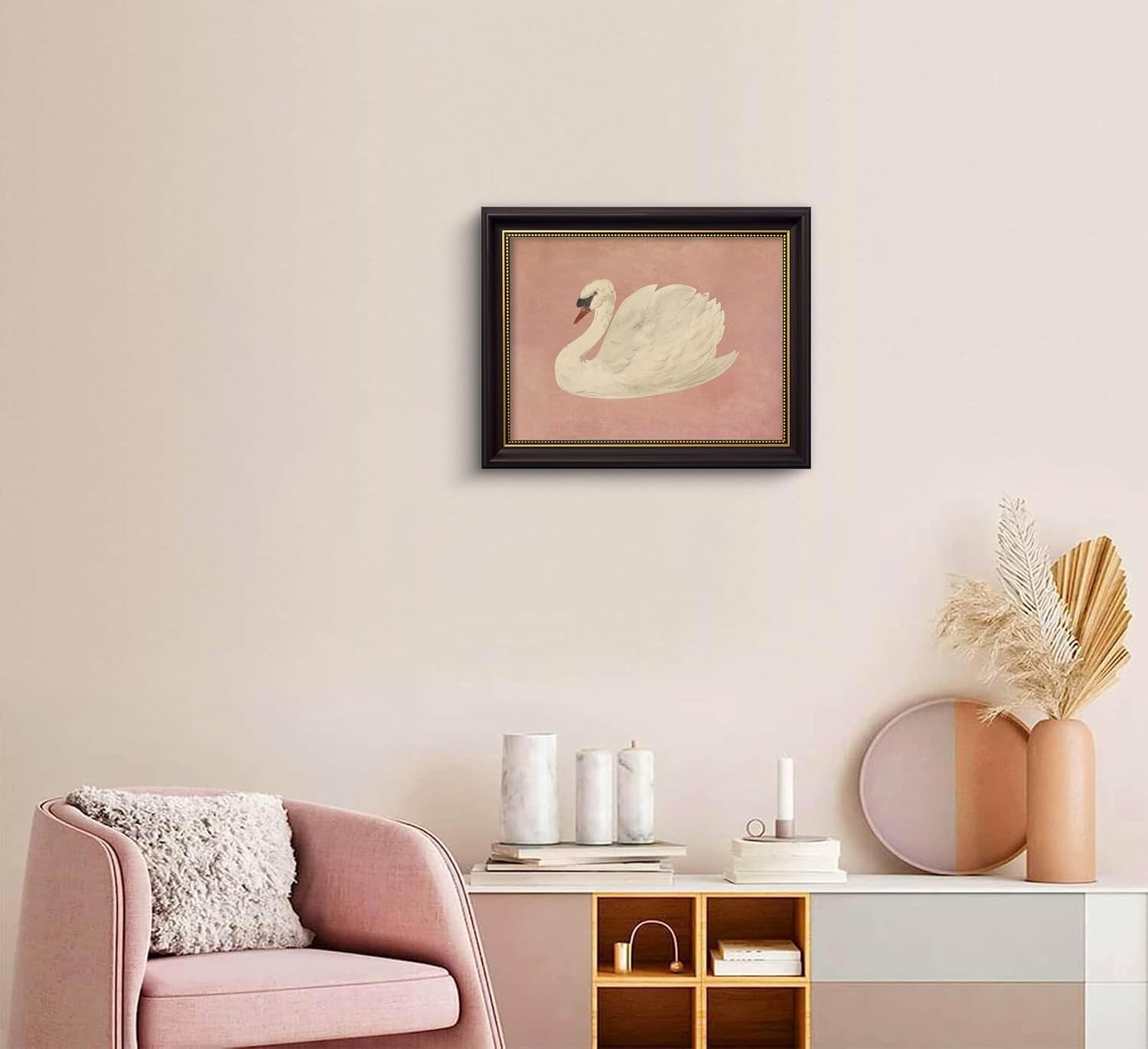 Framed Vintage White Swan Canvas Wall Art Grace Pink Swan Painting Picture Wall Decor Eclectic Pink Kitsch Classical Animal Poster Print Artwork for Living Room Bathroom Bedroom Study Home Decoration