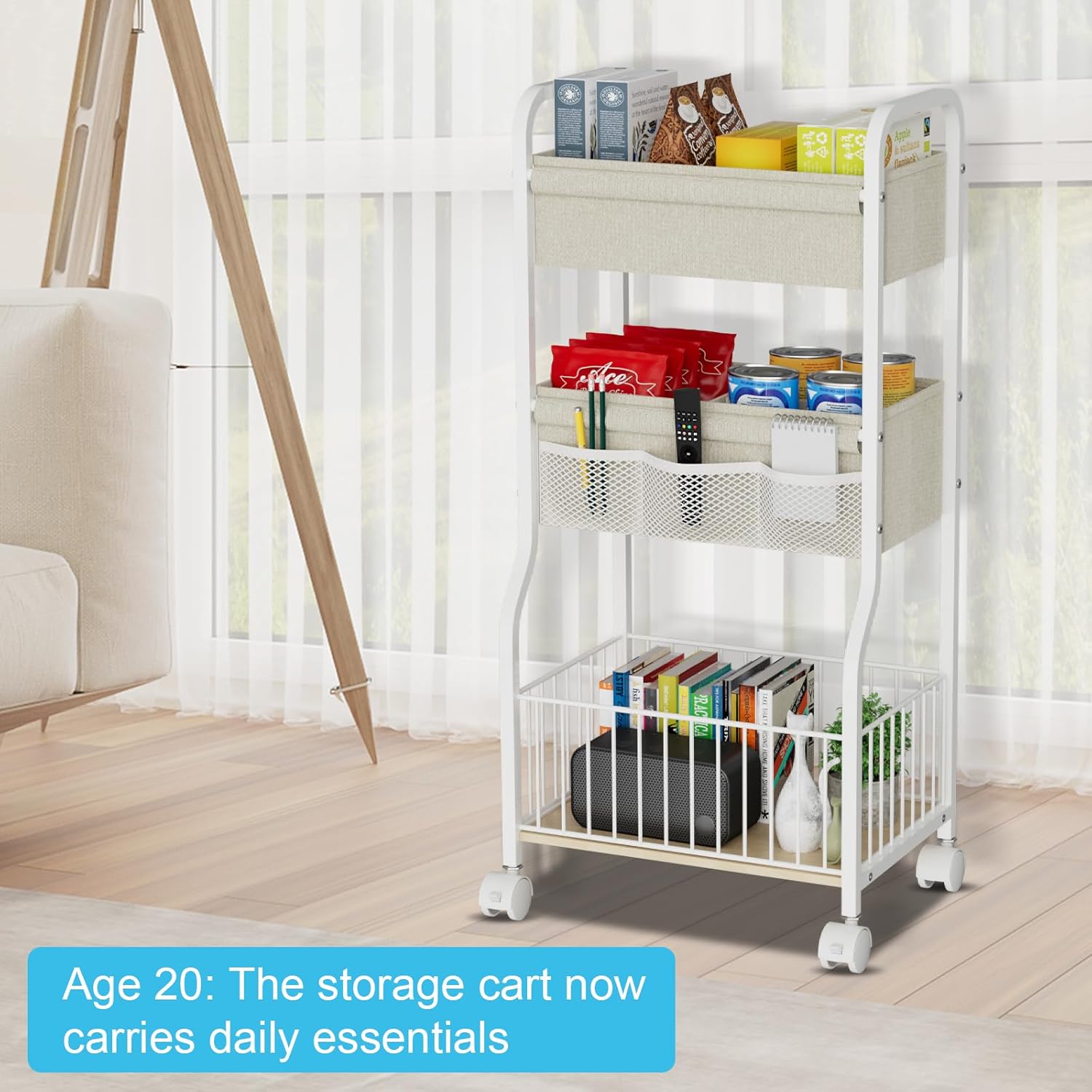 3-tier Baby Diaper Caddy Organizer and Storage Cart with 4+3 Dividers, Metal Utility Cart with Lockable Wheels for Nursery, Bedroom, Bathroom, White