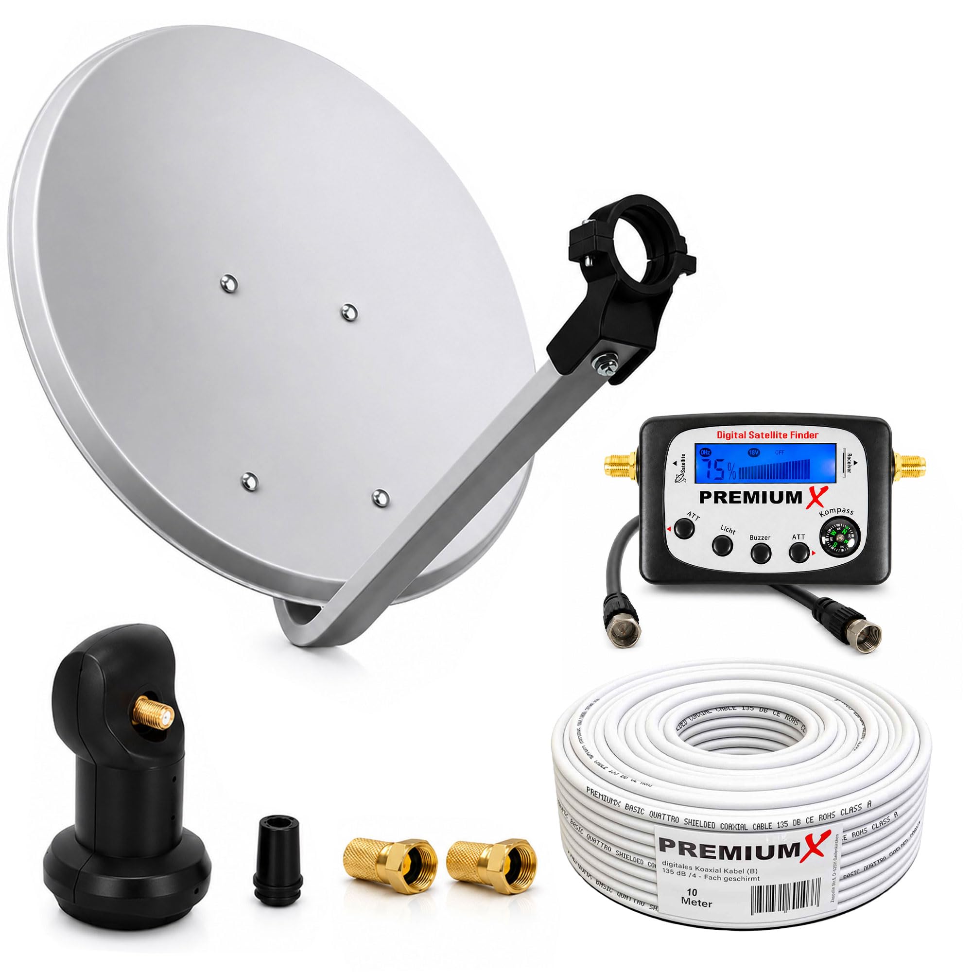 PremiumX Camping Satelliten-Komplettanlage 45cm Satellitenschüssel Single LNB 10m TV Kabel F-Stecker SAT-Signalfinder