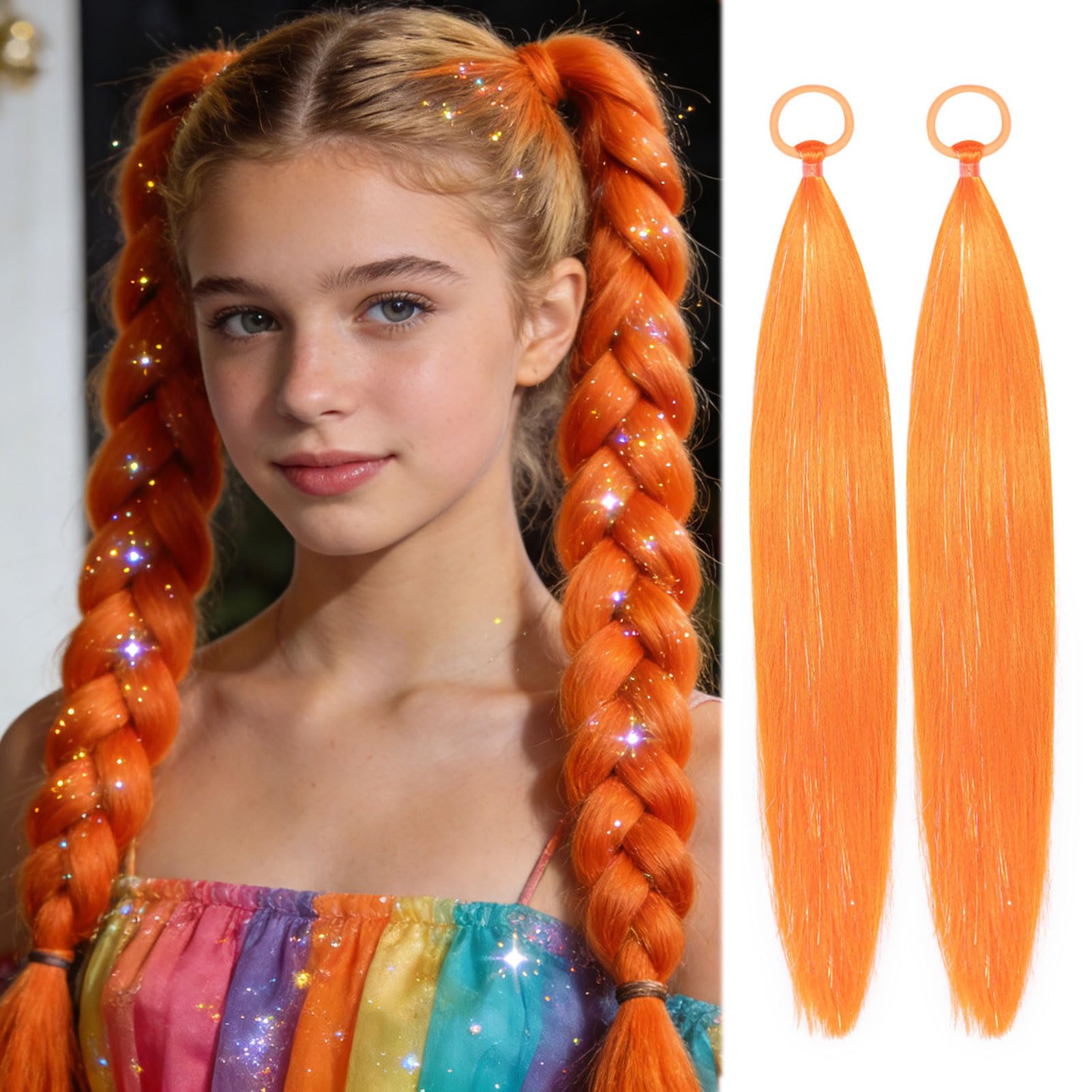Orange Hair Extensions for Braids Ponytail Extension 2 Packs, 20 inch Crazy Hair Day Accessories for Women, DIY Festival Wacky Rave Braids,Tinsel