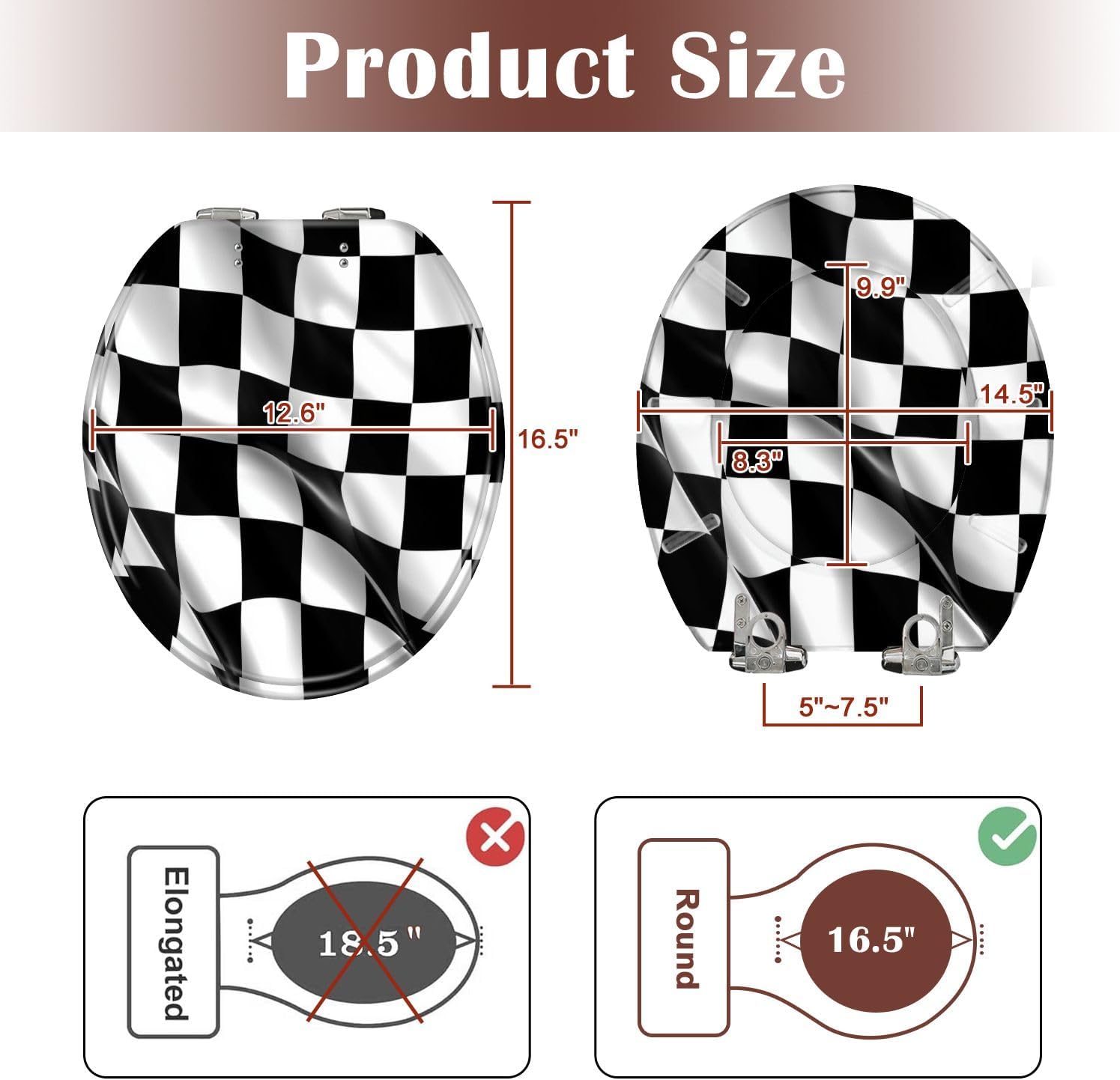 Round Resin Slow Quiet Close Toilet Seat with Checkered Race Flag Print Quick-Release Hinges Bumpers Easy to Clean Install