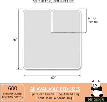 Split Head Flex Queen Sheet Set for Adjustable Bed, Half Split 4-PC 100% Egyptian Cotton, 600-Thread-Count - 34 Split at Top, Soft Sateen Weave - 25-Inch DEEP-Pocket - |Queen, White Solid|
