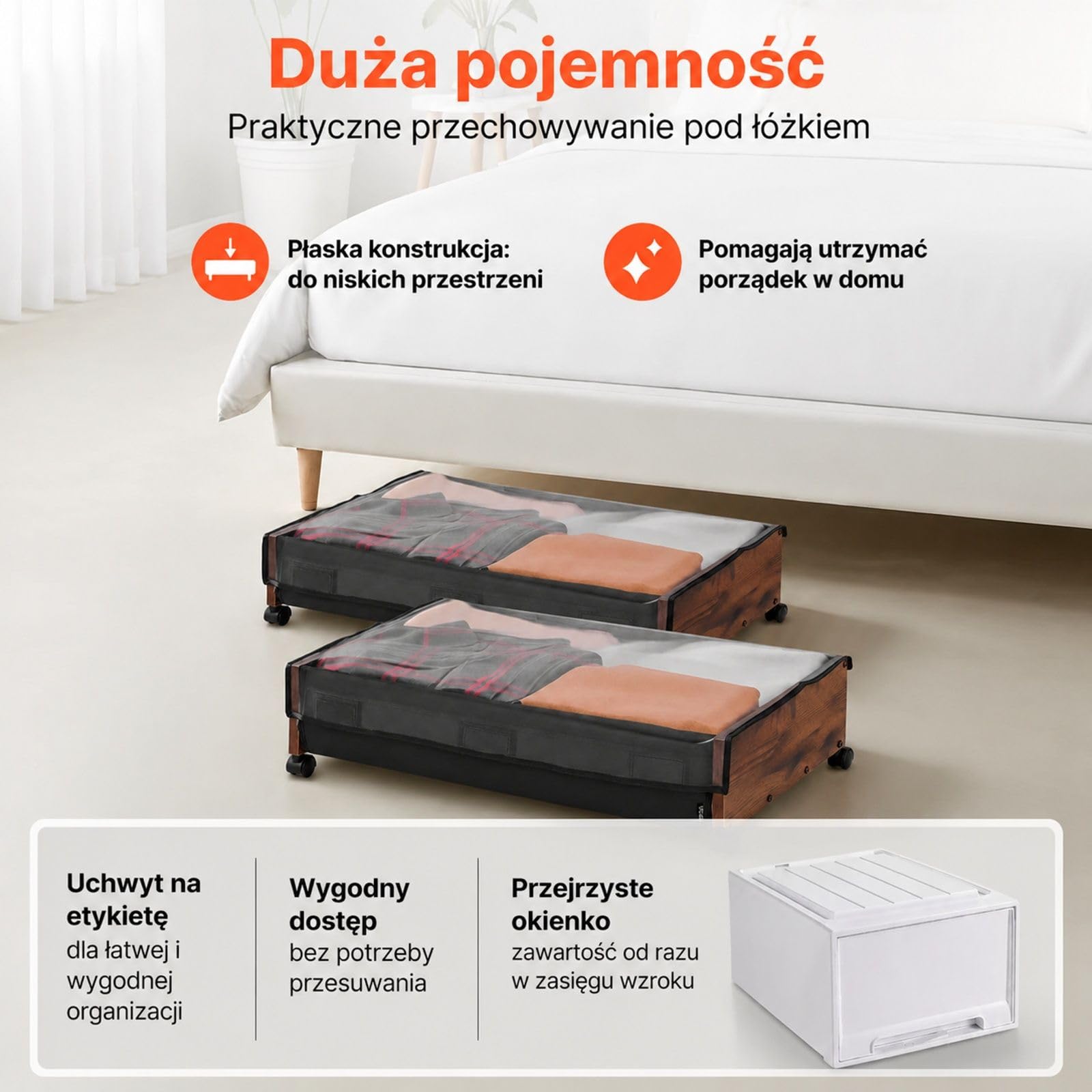 2 pojemniki do przechowywania pod łóżkiem na kółkach, mobilne szuflady na ubrania i buty do sypialni z uchwytami